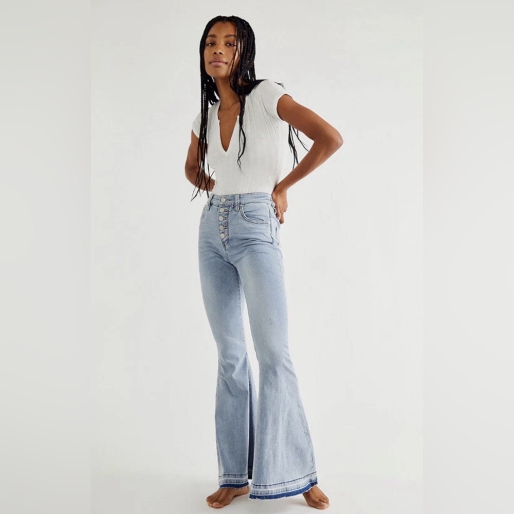 Free People We The Free IRREPLACEABLE Kent Blue Flare Raw Hem Button Fly Jeans